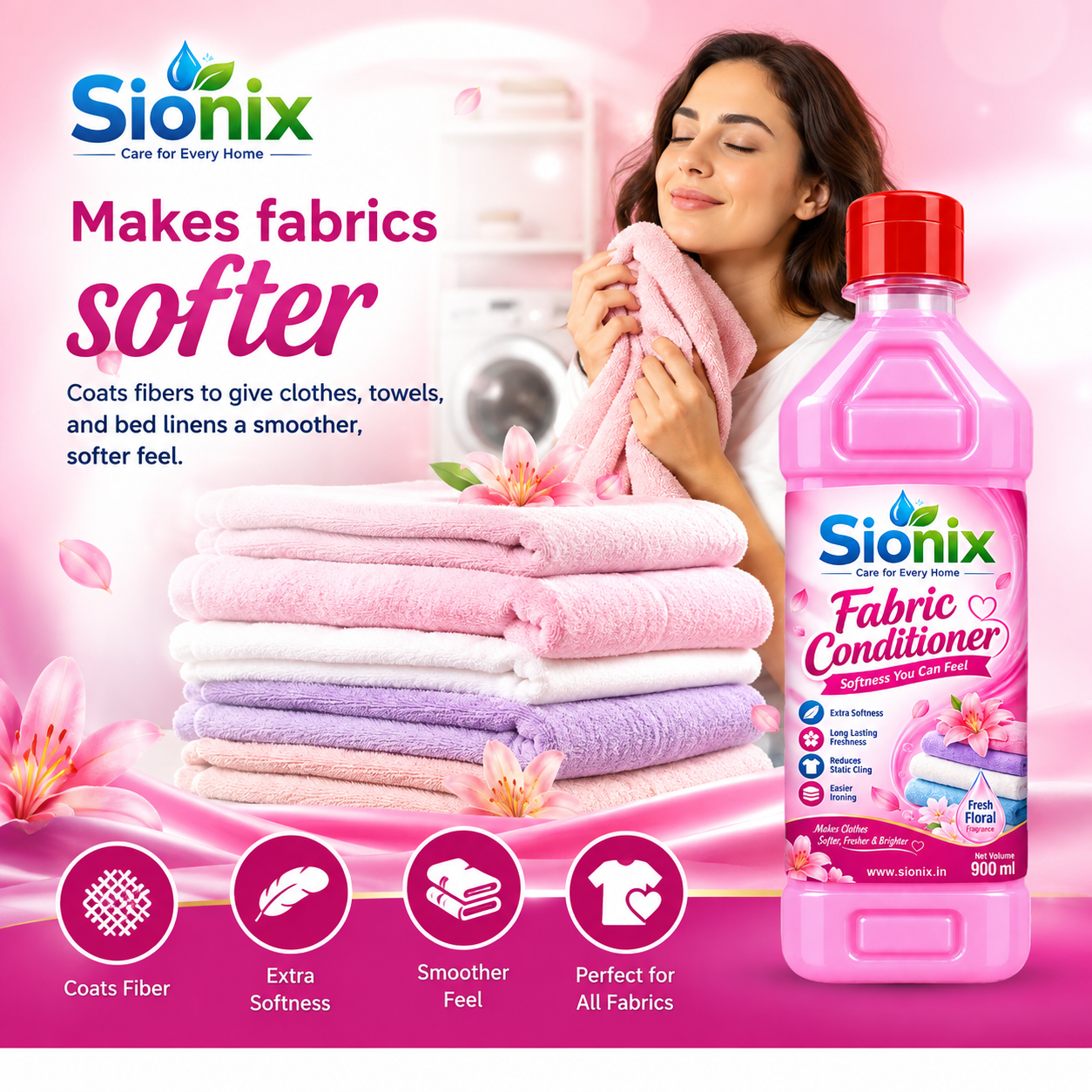 Sionix Fabric Conditioner 900 ml | Extra Softness & Long-Lasting Freshness | Reduces Static Cling & Wrinkles | Makes Clothes Softer, Fresher & Easier to Iron | Fresh Floral Fragrance - Image 9