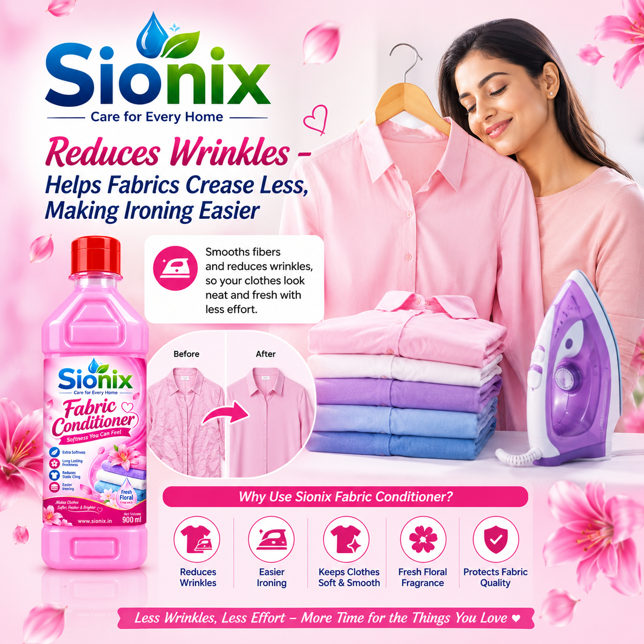 Sionix Fabric Conditioner 900 ml | Extra Softness & Long-Lasting Freshness | Reduces Static Cling & Wrinkles | Makes Clothes Softer, Fresher & Easier to Iron | Fresh Floral Fragrance - Image 5