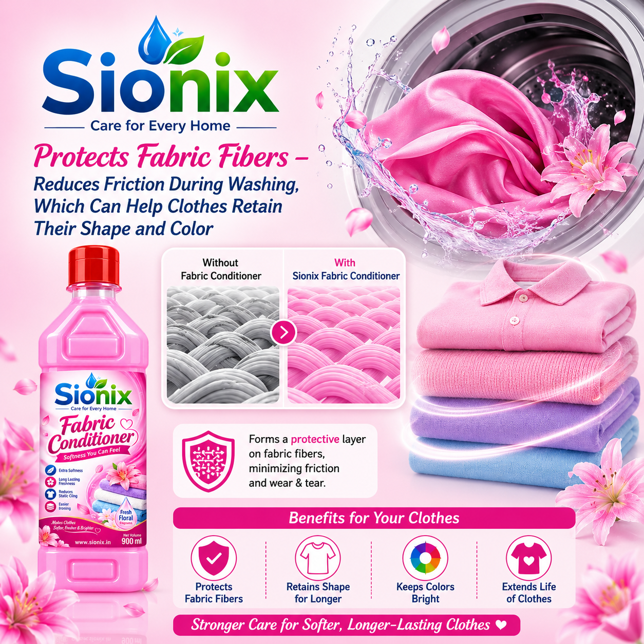 Sionix Fabric Conditioner 900 ml | Extra Softness & Long-Lasting Freshness | Reduces Static Cling & Wrinkles | Makes Clothes Softer, Fresher & Easier to Iron | Fresh Floral Fragrance - Image 4