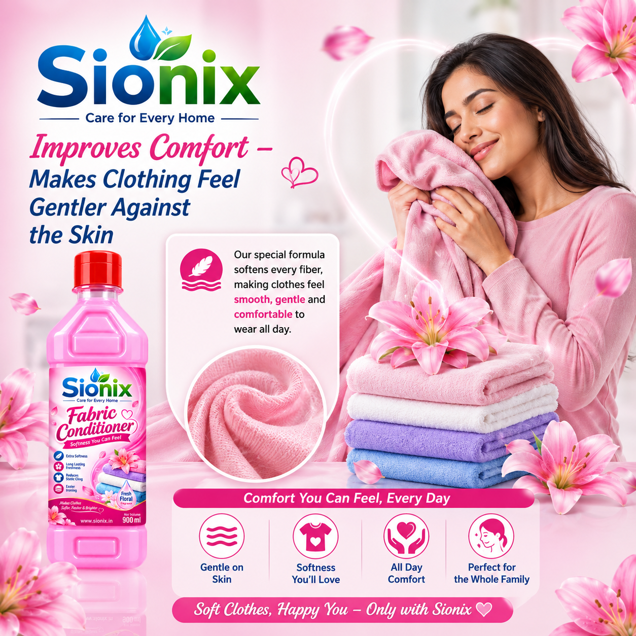 Sionix Fabric Conditioner 900 ml | Extra Softness & Long-Lasting Freshness | Reduces Static Cling & Wrinkles | Makes Clothes Softer, Fresher & Easier to Iron | Fresh Floral Fragrance - Image 2