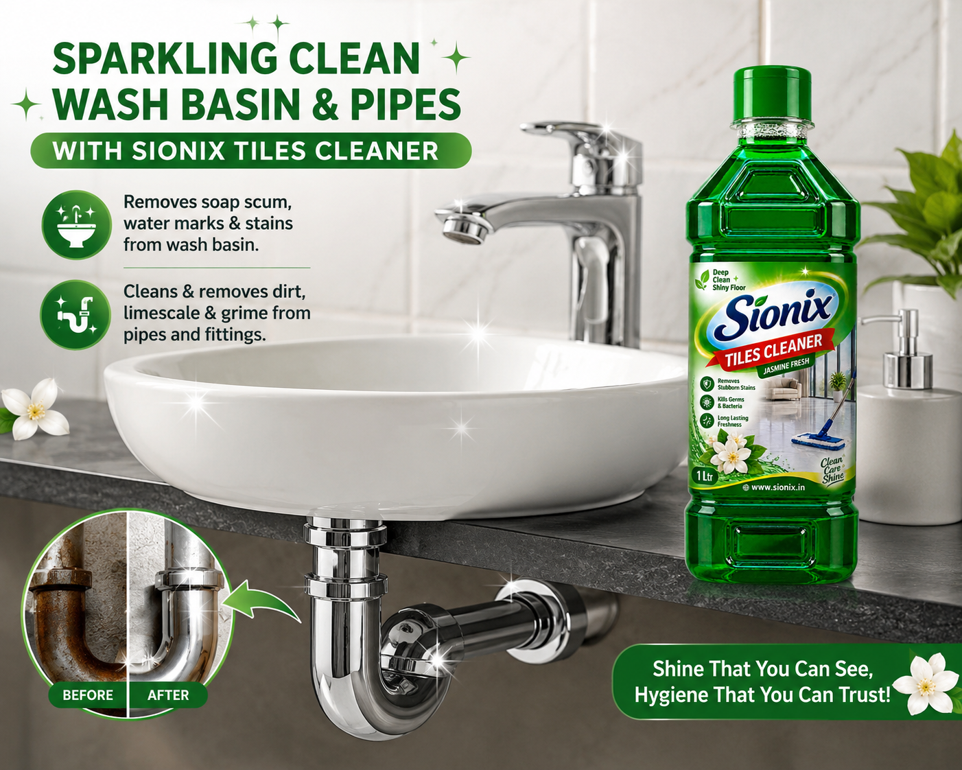 SIONIX Tiles Cleaner Liquid | Powerful Bathroom & Floor Tile Cleaner | Removes Tough Stains, Dirt & Grime | Ceramic & Tile Surface Cleaner | Fresh & Shiny Finish/900ml - Image 5